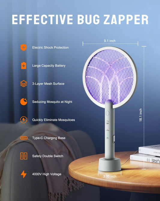 Electric Fly Swatter Racket – 2 in 1 Smart Bug Zapper with USB Rechargeable Base, Powerful Mosquito Trap Lamp & Fly Killer for Home and Bedroom, Light Grey (2 Pack)