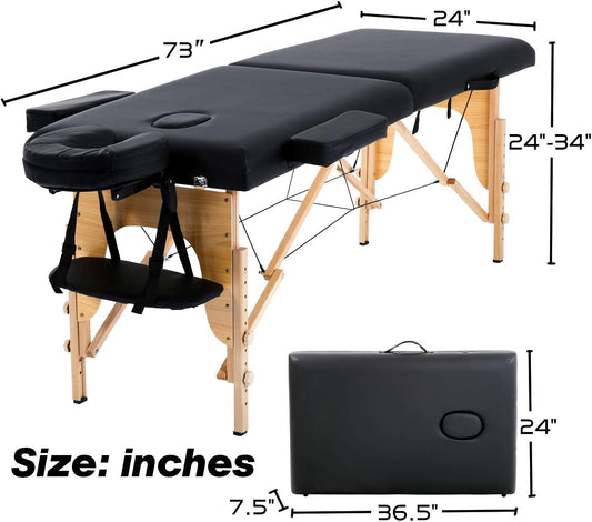 Professional Portable Massage Table – 73" Long, 450 LBS Capacity, 2-Fold Adjustable Spa Bed with Face Cradle & Carrying Case – Height Adjustable Salon Table for Estheticians & Therapists