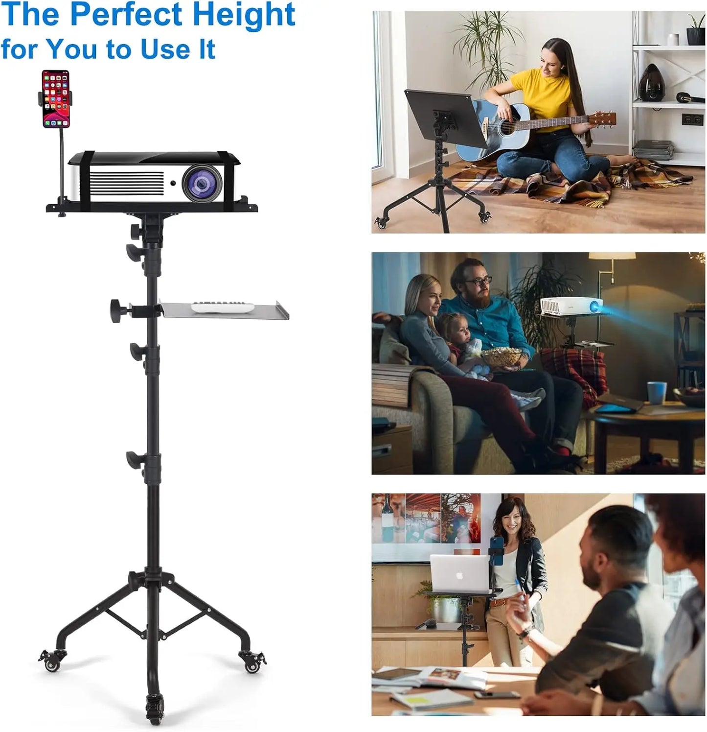 Laptop Tripod Stand on Wheels with 2 Shelves – Adjustable Height 25.9" to 51.8", Portable Projector Floor Stand with Phone Holder for Home, Office, Presentations & Events