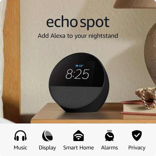 Echo Spot (Newest Model) – Smart Alarm Clock with Alexa, Compact Smart Display for Nightstands, Offices & Kitchens, Black