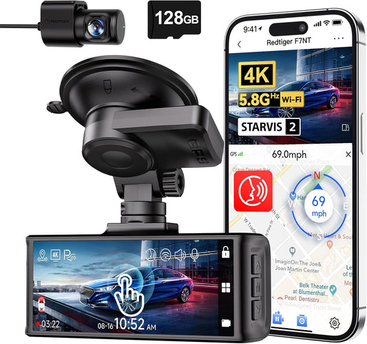 4K Front and Rear Dash Cam with STARVIS 2 Sensor – F7N Touch, 3.18" Touchscreen, 128GB Card, 5.8GHz WiFi, Voice Control, GPS, Night Vision, Parking Mode, Emergency Lock