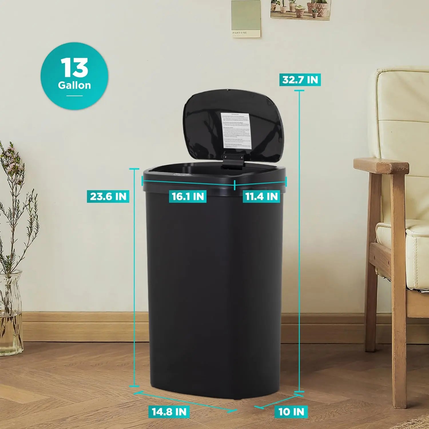 13 Gallon Automatic Kitchen Trash Can with Lid – Touch-Free 50L Motion Sensor Garbage Bin for Home, Bathroom, Bedroom, or Office – High-Capacity Stainless Steel Waste Bin