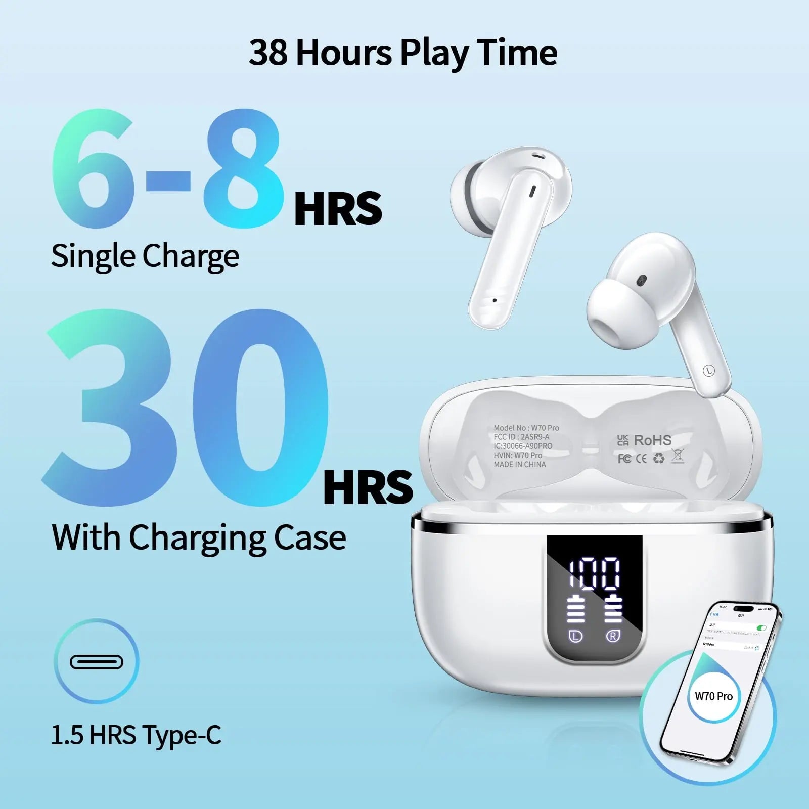 Wireless Bluetooth Earbuds W70 | Noise Cancelling In-Ear Headphones w/ Deep Bass, 38H Playtime, LED Display & IPX7 Waterproof – For iPhone & Android (White)