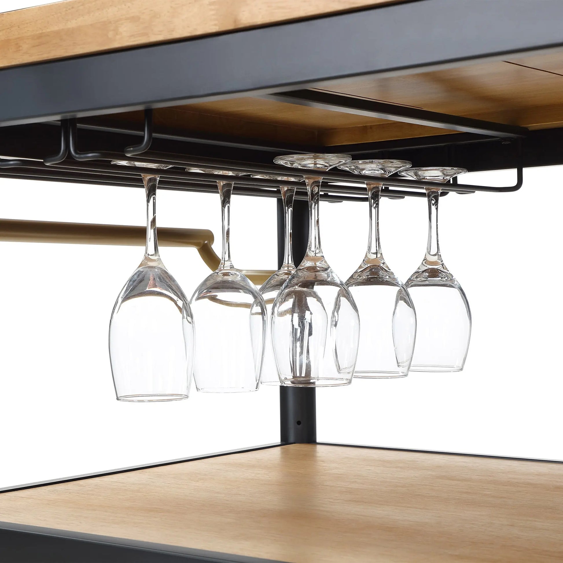Drew Barrymore Rolling Kitchen Island Cart with 2 Shelves, Rubberwood Top, Black Metal Frame