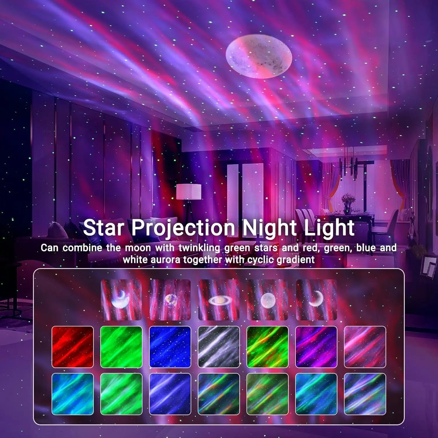 LED Aurora & Star Projector Night Light – Bluetooth Speaker, White Noise, Remote Control