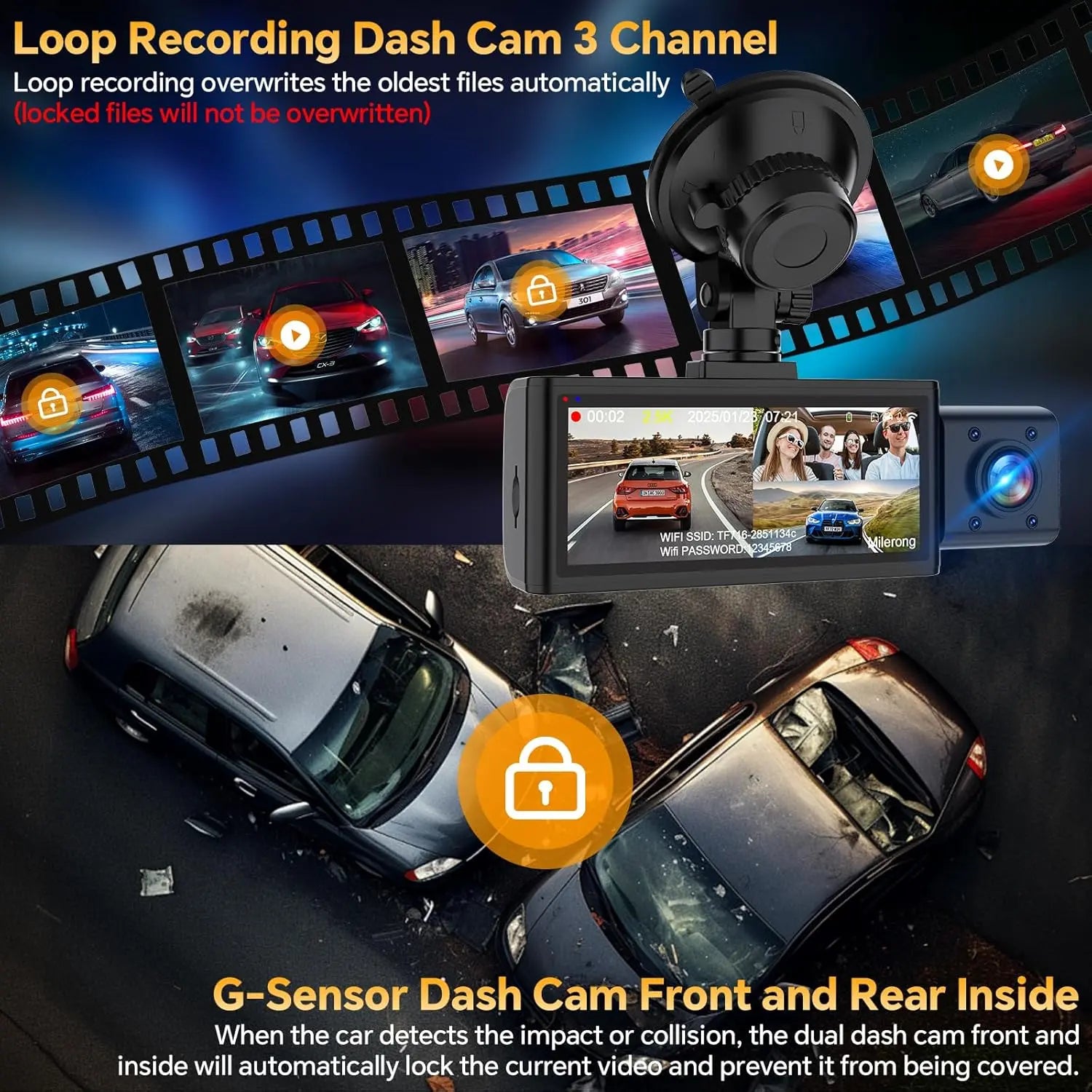 3-Channel Dash Cam for Cars – Front 2.5K, Inside & Rear 1080P Dash Camera with WiFi, IR Night Vision, G-Sensor, 64GB Card Included