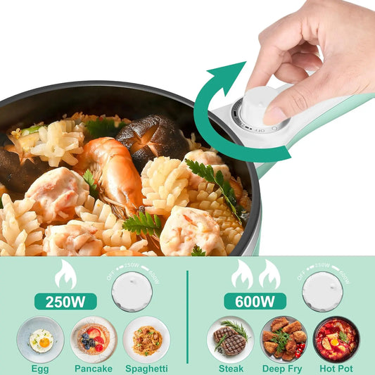 Upgraded Electric Hot Pot – 1.5L Mini Portable Cooker with Non-Stick Sauté Pan & Adjustable Power for Ramen, Soup, Steak, Eggs, Fried Rice, Oatmeal