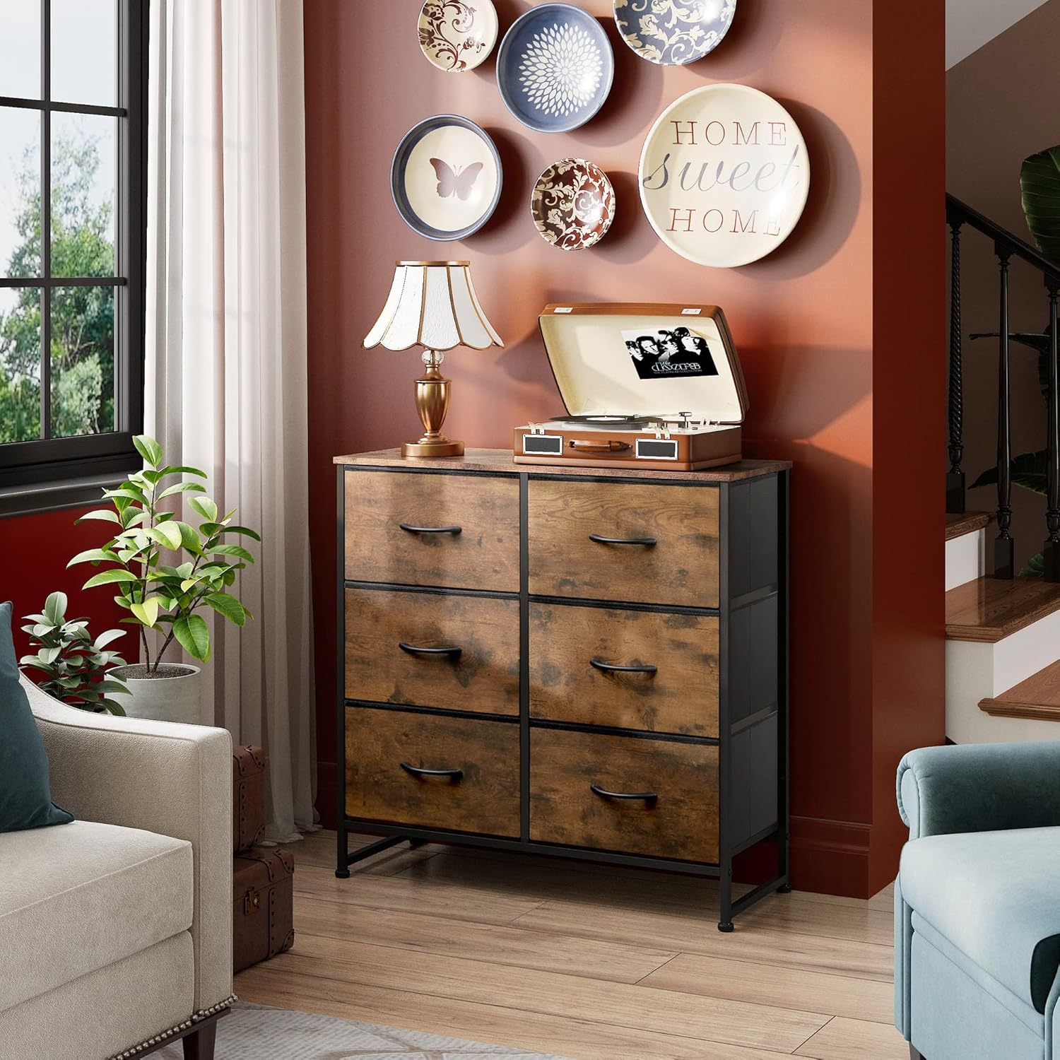 6 Drawer Fabric Dresser for Bedroom – Rustic Brown Double Dresser Storage Tower with Wood Grain Print, Metal Frame, and Fabric Bins – Chest of Drawers for Closet, Living Room, Hallway, Entryway