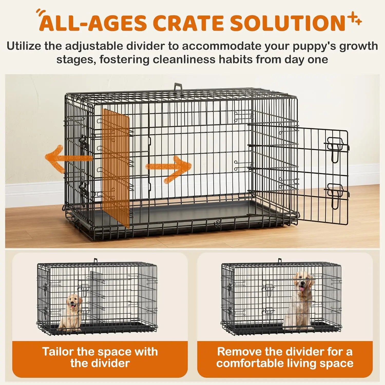 42-Inch Double Door Dog Crate with Divider – XL Collapsible Metal Kennel for Large Dogs, Removable Tray, Portable Travel Pet Cage, Wire Dog Crate for Puppy to Adult, Black