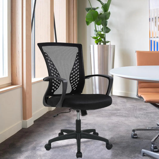 Ergonomic Home Office Desk Chair – Adjustable Mid-Back Mesh Computer Chair with Lumbar Support, Armrests, Swivel Base, Comfortable Task Chair for Work & Study (Black)