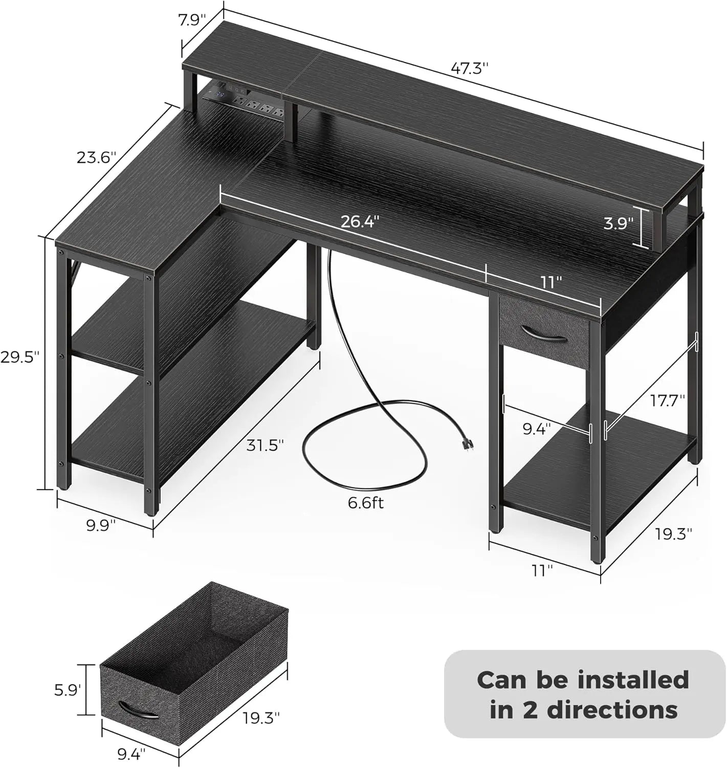 47" Reversible L Shaped Computer Desk with LED Lights & Power Outlets – Gaming Desk with Monitor Stand, Storage Shelves, Drawer – Corner Desk for Home Office Setup, Black