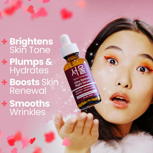 Korean Retinol Night Serum – Snail Mucin + Hyaluronic Acid + Bakuchiol, 1 Oz