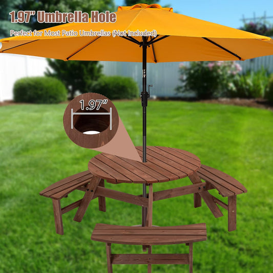 6-Person Round Wood Picnic Table with 3 Built-In Benches & Umbrella Hole – Outdoor Patio Table Set for Backyard, Garden, Porch – Dark Brown