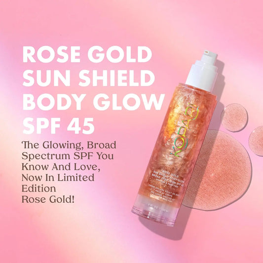 Sun Shield SPF 45 Body Glow – Lightweight Shimmer Gel, Non-Sticky, Rose Gold 5 Oz