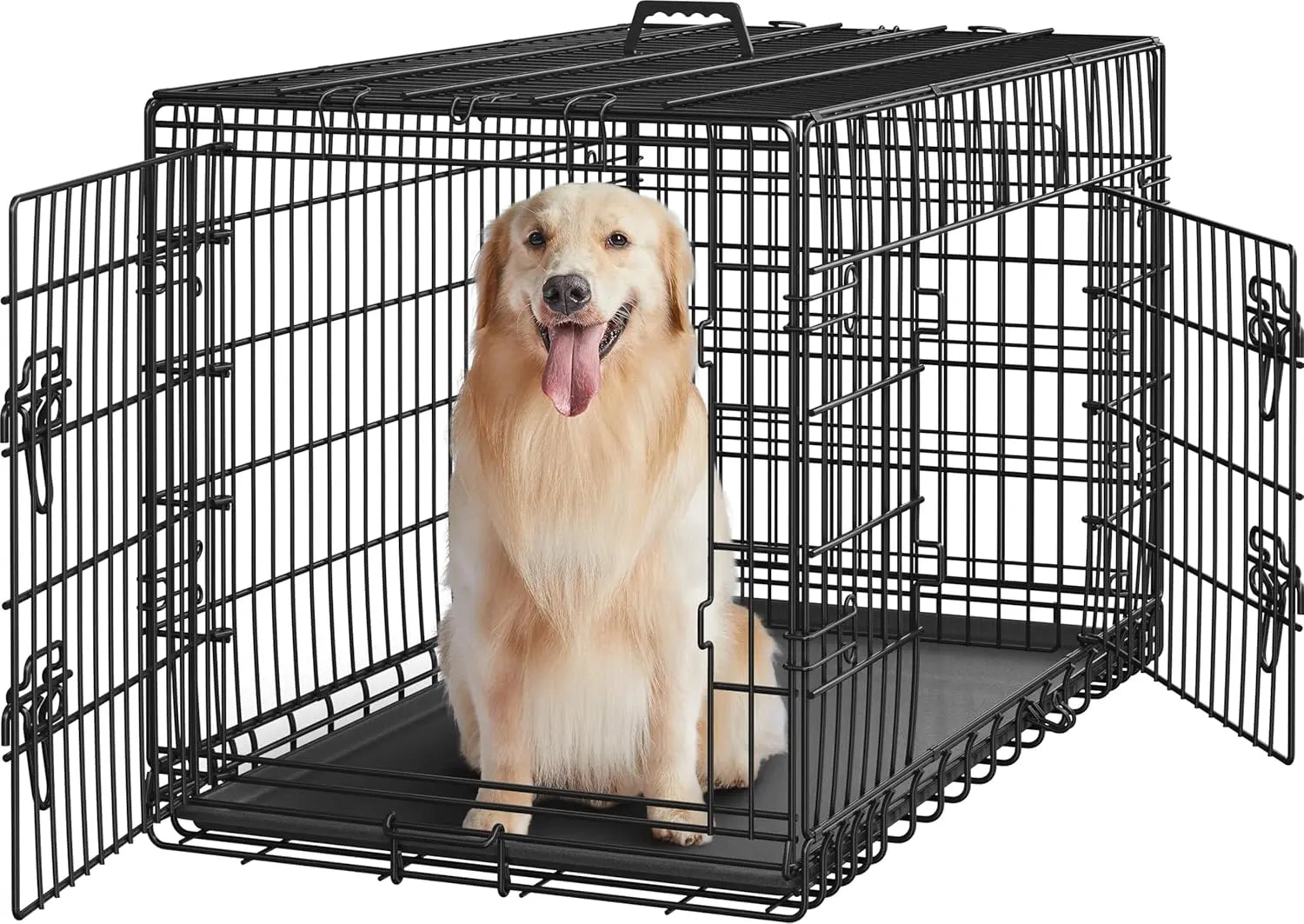 42-Inch Double Door Dog Crate with Divider – XL Collapsible Metal Kennel for Large Dogs, Removable Tray, Portable Travel Pet Cage, Wire Dog Crate for Puppy to Adult, Black