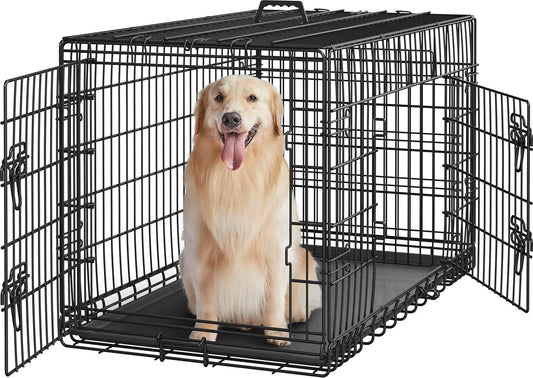 42-Inch Double Door Dog Crate with Divider – XL Collapsible Metal Kennel for Large Dogs, Removable Tray, Portable Travel Pet Cage, Wire Dog Crate for Puppy to Adult, Black