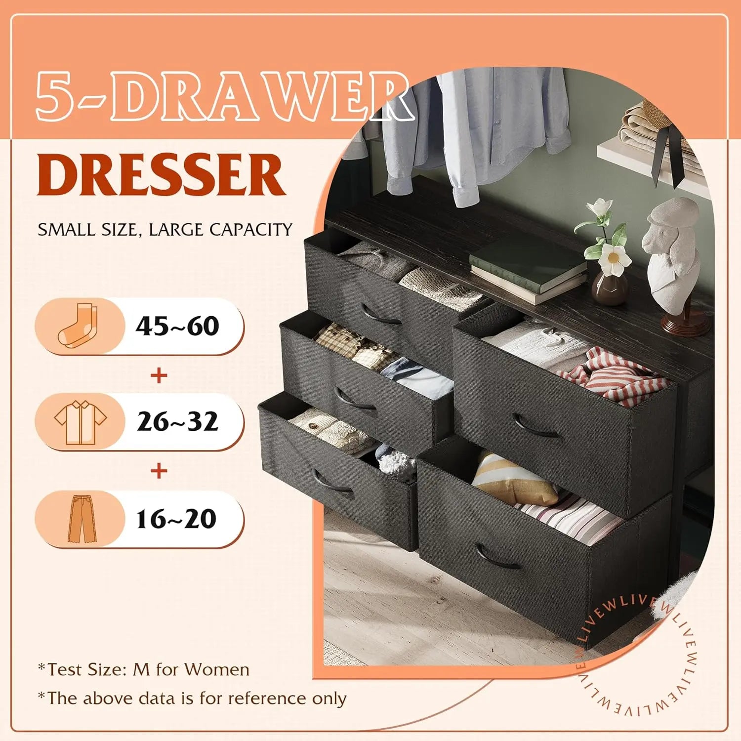 5 Drawer Dresser for Bedroom – Wide Fabric Chest of Drawers with Organizer Bins, Charcoal Black Storage Tower for Closet, Living Room, Hallway, and Small Spaces
