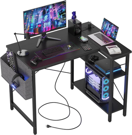 TIQLAB 40" L-Shaped Computer Desk with Power Outlets – Reversible Corner Desk with Storage Shelves, Gaming Writing Table for Home Office, Bedroom, or Living Room – Black