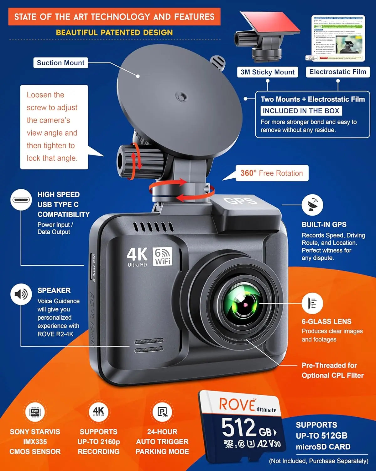 R2-4K Dash Cam with Built-In WiFi & GPS – 2160P UHD Car Camera Recorder, 2.4" IPS Screen, 150° Wide Angle, WDR, Night Vision