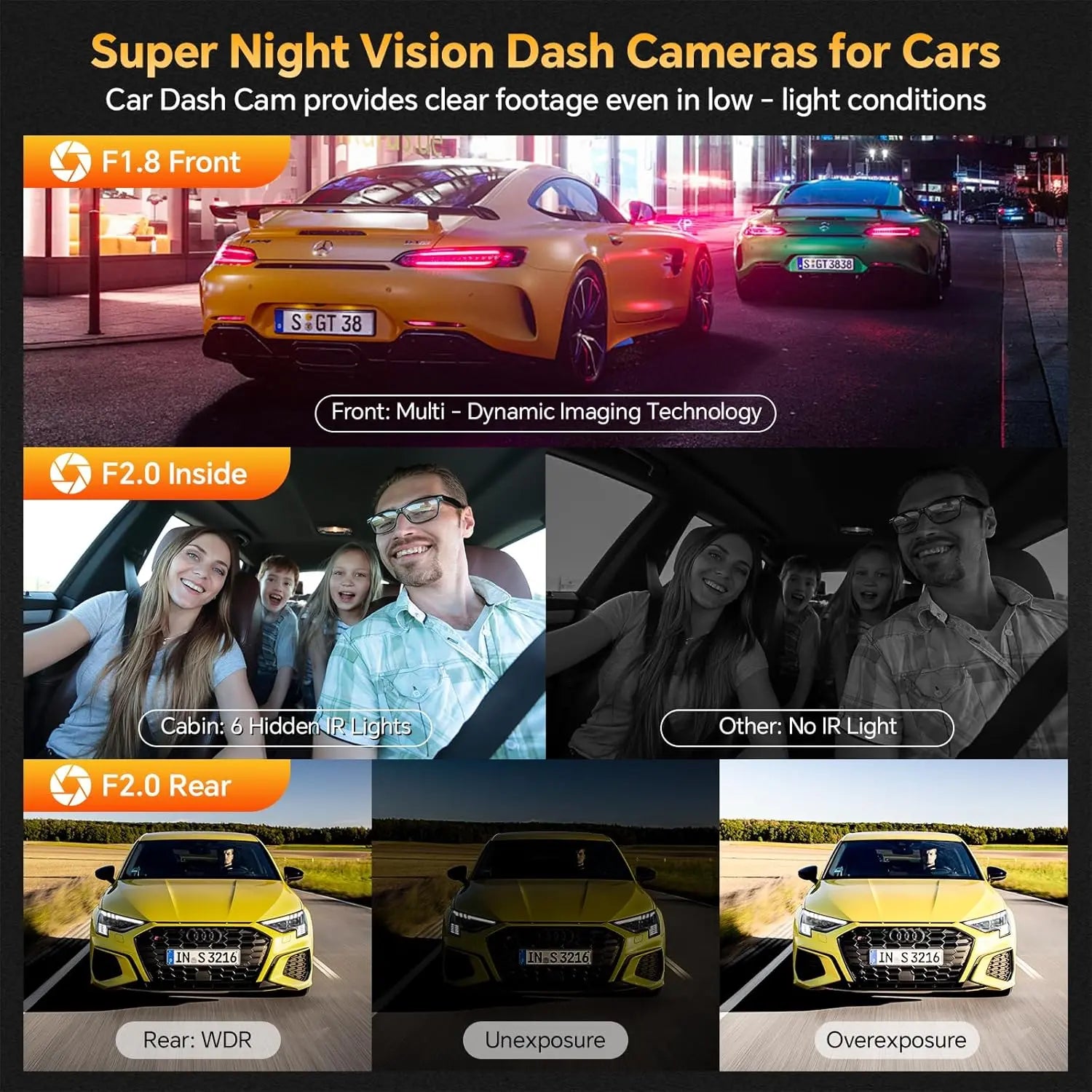 3-Channel Dash Cam for Cars – Front 2.5K, Inside & Rear 1080P Dash Camera with WiFi, IR Night Vision, G-Sensor, 64GB Card Included