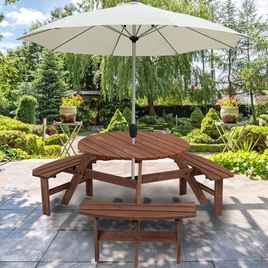 6-Person Round Wood Picnic Table with 3 Built-In Benches & Umbrella Hole – Outdoor Patio Table Set for Backyard, Garden, Porch – Dark Brown