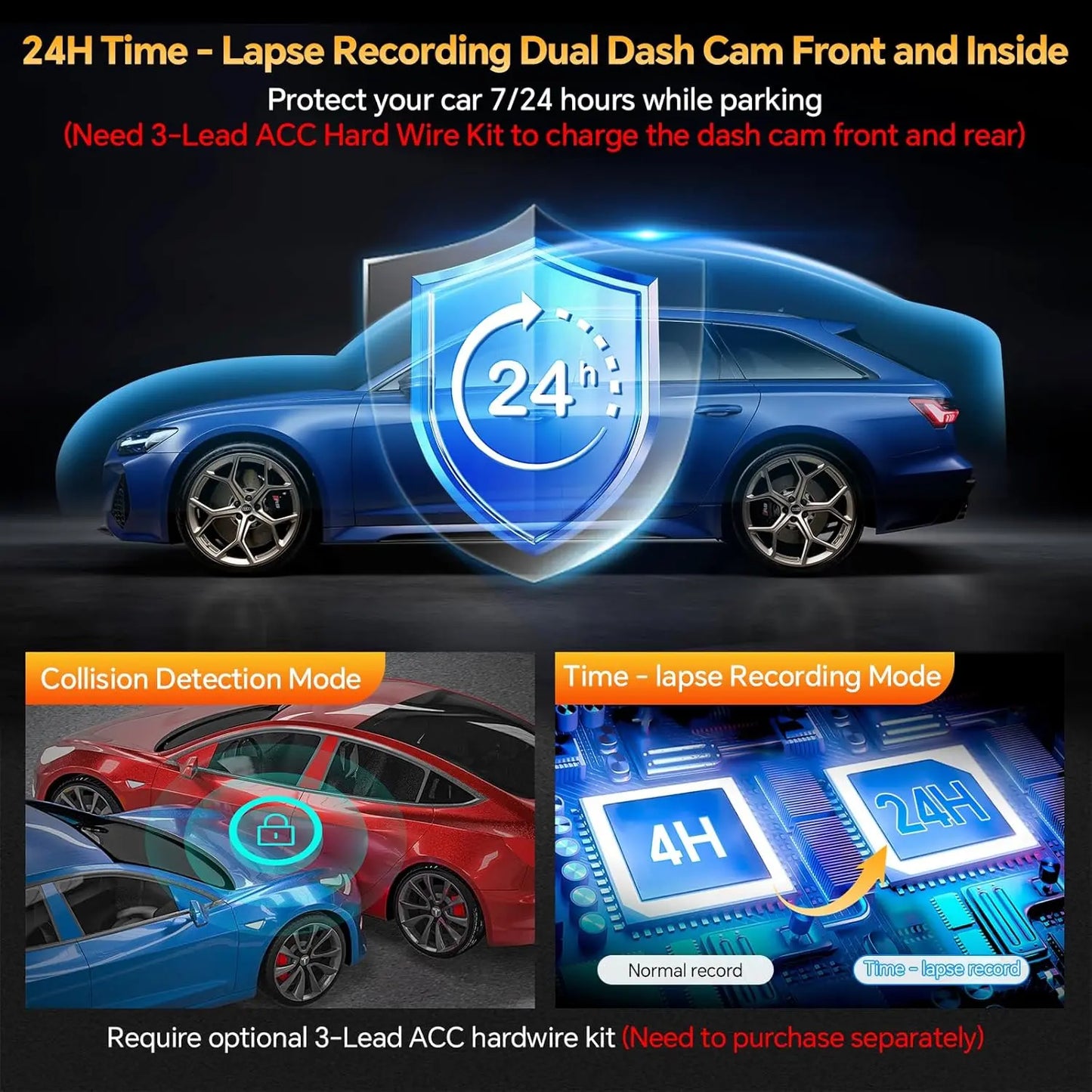 3-Channel Dash Cam for Cars – Front 2.5K, Inside & Rear 1080P Dash Camera with WiFi, IR Night Vision, G-Sensor, 64GB Card Included