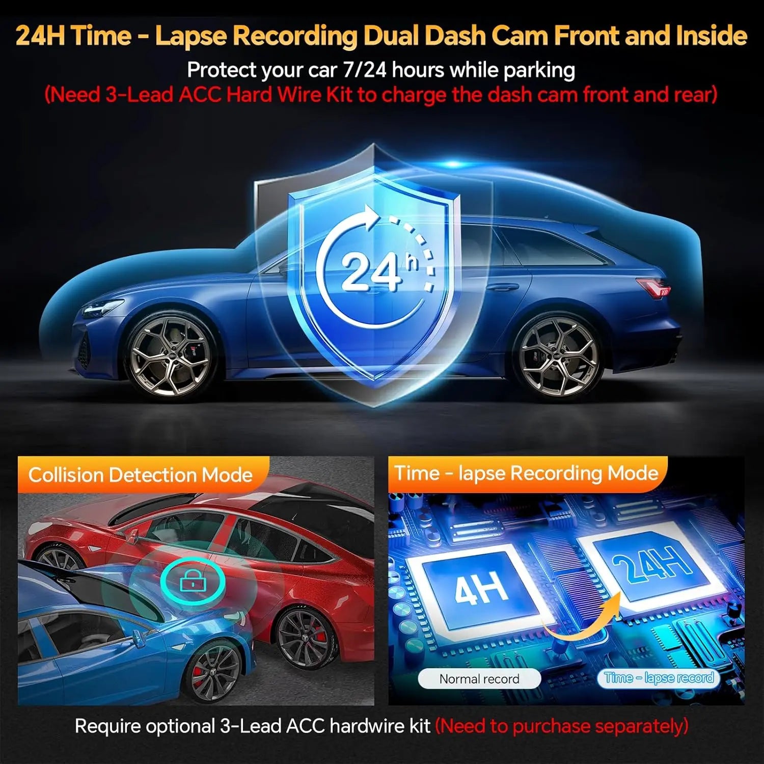 3-Channel Dash Cam for Cars – Front 2.5K, Inside & Rear 1080P Dash Camera with WiFi, IR Night Vision, G-Sensor, 64GB Card Included