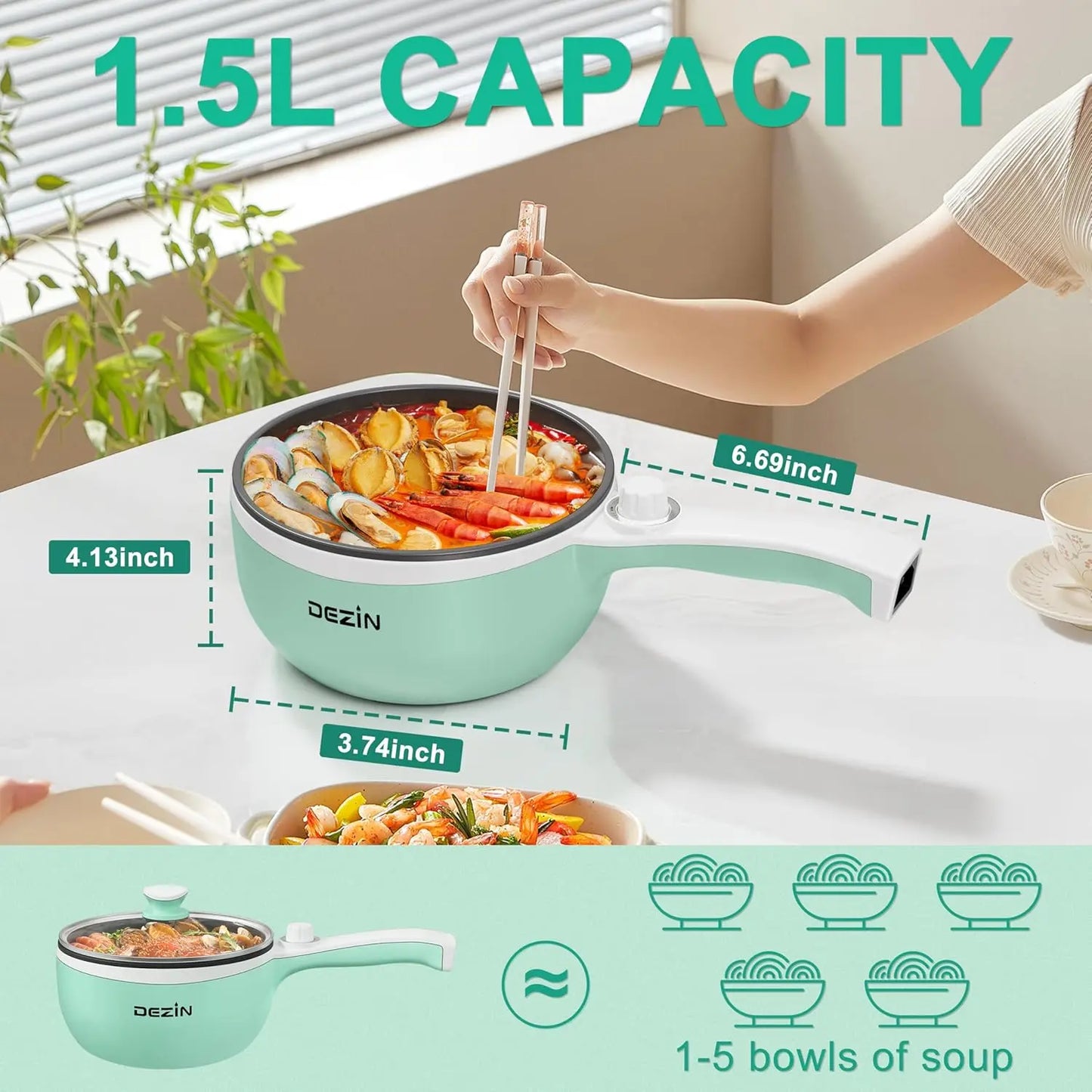 Upgraded Electric Hot Pot – 1.5L Mini Portable Cooker with Non-Stick Sauté Pan & Adjustable Power for Ramen, Soup, Steak, Eggs, Fried Rice, Oatmeal