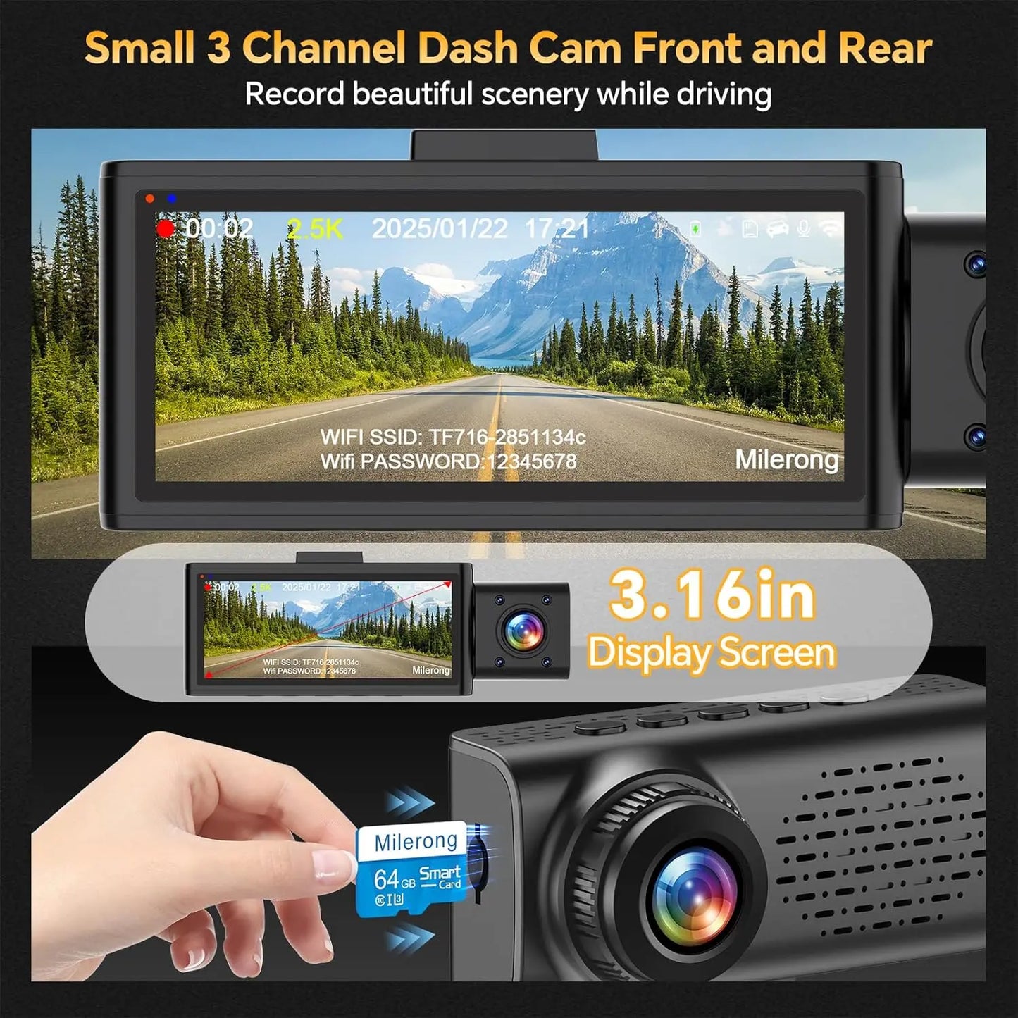 3-Channel Dash Cam for Cars – Front 2.5K, Inside & Rear 1080P Dash Camera with WiFi, IR Night Vision, G-Sensor, 64GB Card Included