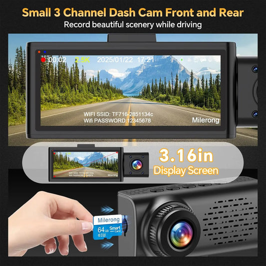 3-Channel Dash Cam for Cars – Front 2.5K, Inside & Rear 1080P Dash Camera with WiFi, IR Night Vision, G-Sensor, 64GB Card Included