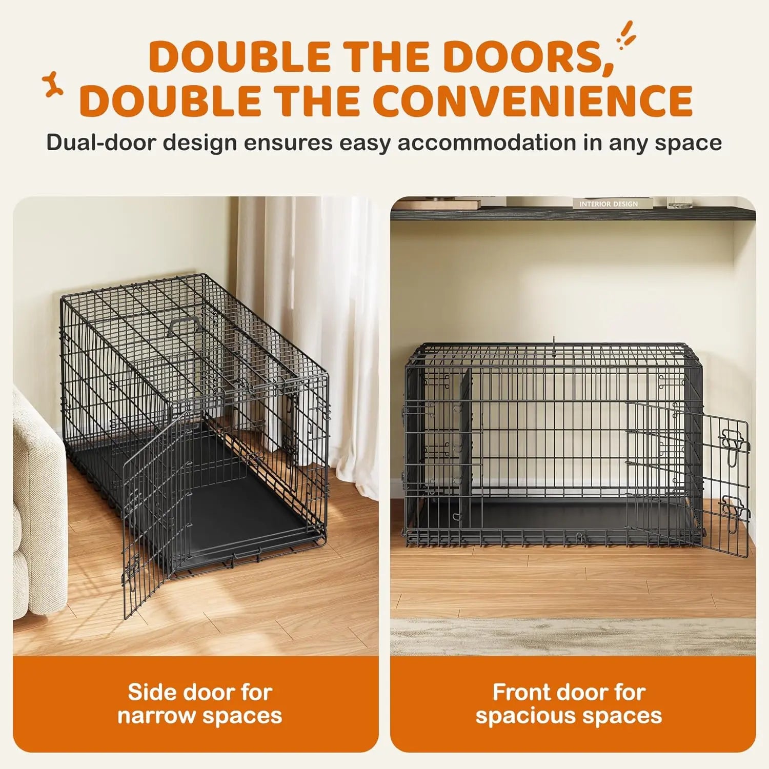 42-Inch Double Door Dog Crate with Divider – XL Collapsible Metal Kennel for Large Dogs, Removable Tray, Portable Travel Pet Cage, Wire Dog Crate for Puppy to Adult, Black