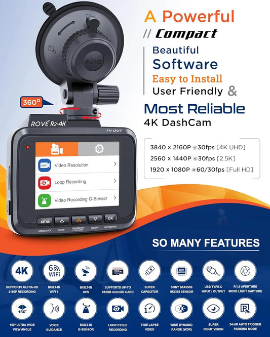 R2-4K Dash Cam with Built-In WiFi & GPS – 2160P UHD Car Camera Recorder, 2.4" IPS Screen, 150° Wide Angle, WDR, Night Vision