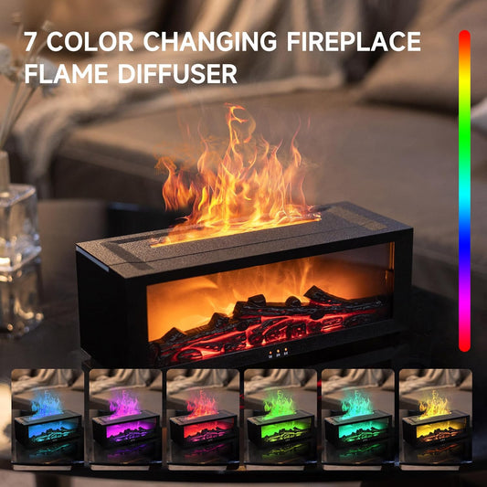 Flame Fireplace Essential Oil Diffuser & Humidifier – 7-Color LED Aromatherapy, Ultrasonic Mist, Timer – Home, Bedroom, Office, Yoga (Black, L)