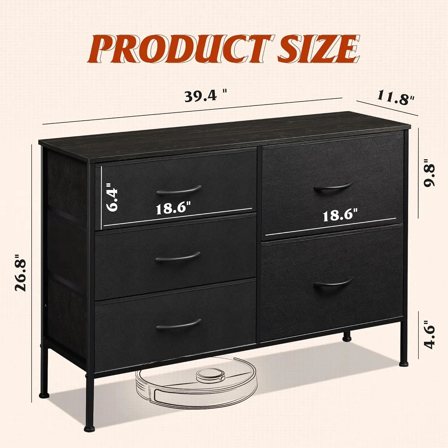 5 Drawer Dresser for Bedroom – Wide Fabric Chest of Drawers with Organizer Bins, Charcoal Black Storage Tower for Closet, Living Room, Hallway, and Small Spaces
