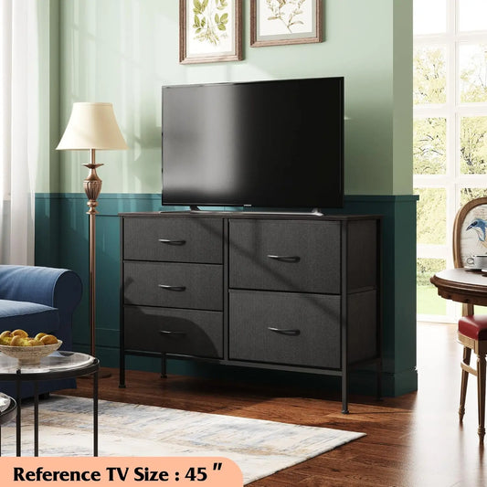 5 Drawer Dresser for Bedroom – Wide Fabric Chest of Drawers with Organizer Bins, Charcoal Black Storage Tower for Closet, Living Room, Hallway, and Small Spaces