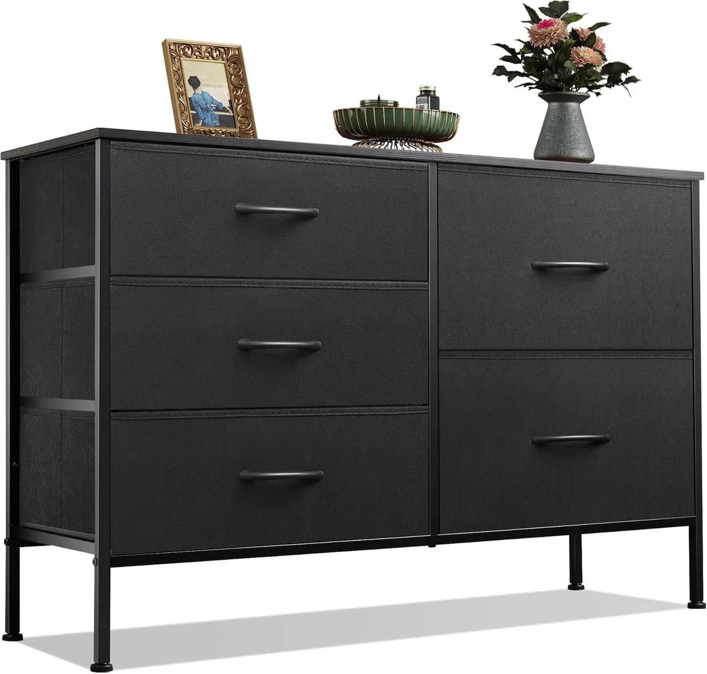 5 Drawer Dresser for Bedroom – Wide Fabric Chest of Drawers with Organizer Bins, Charcoal Black Storage Tower for Closet, Living Room, Hallway, and Small Spaces