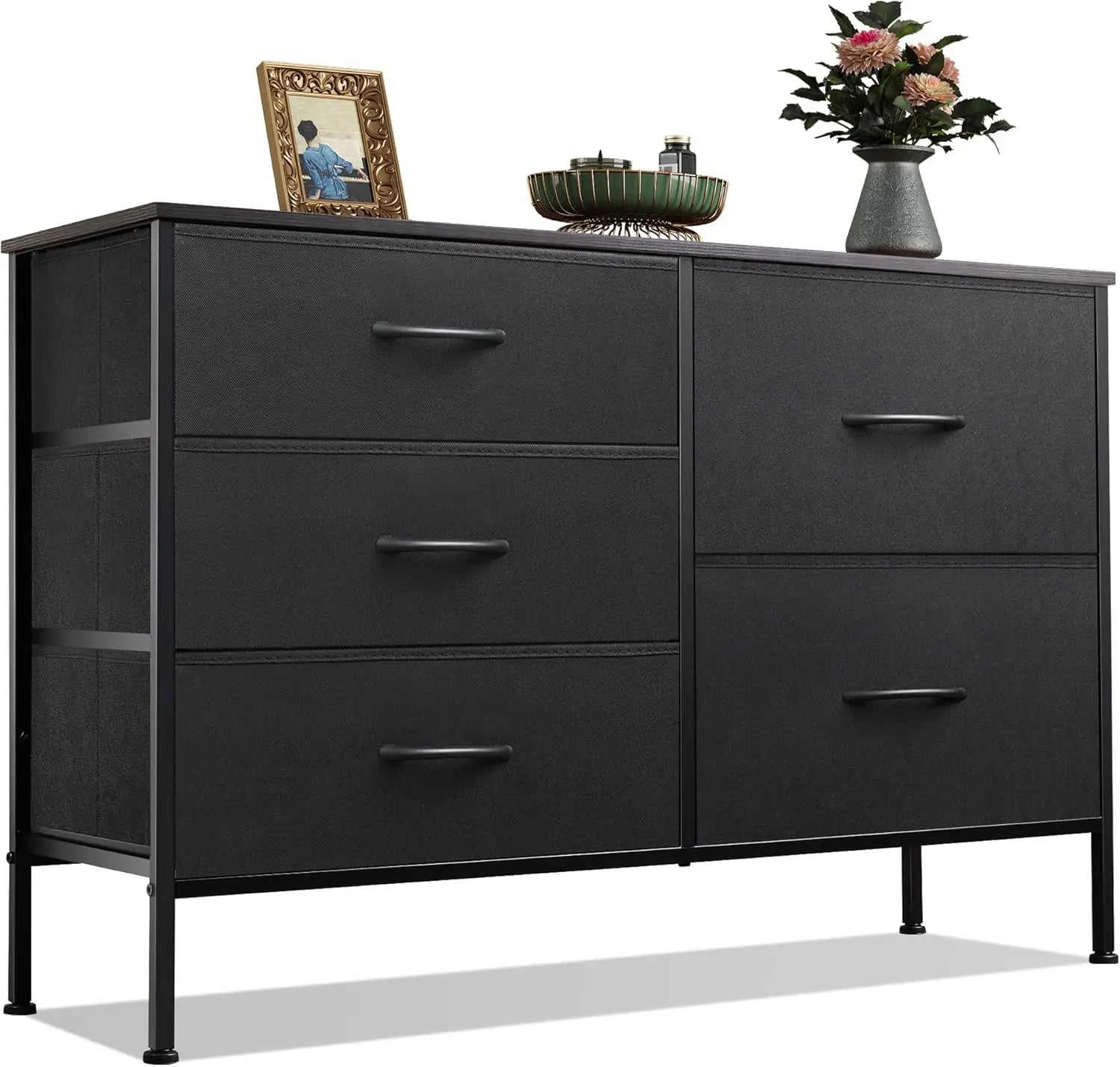 5 Drawer Dresser for Bedroom – Wide Fabric Chest of Drawers with Organizer Bins, Charcoal Black Storage Tower for Closet, Living Room, Hallway, and Small Spaces