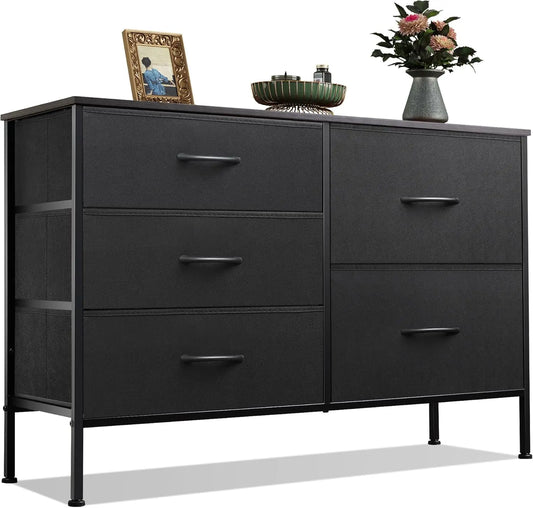 5 Drawer Dresser for Bedroom – Wide Fabric Chest of Drawers with Organizer Bins, Charcoal Black Storage Tower for Closet, Living Room, Hallway, and Small Spaces