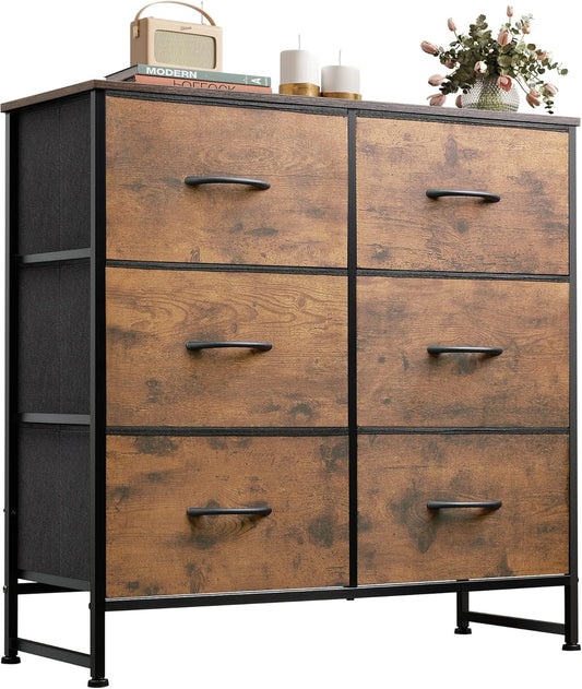 6 Drawer Fabric Dresser for Bedroom – Rustic Brown Double Dresser Storage Tower with Wood Grain Print, Metal Frame, and Fabric Bins – Chest of Drawers for Closet, Living Room, Hallway, Entryway