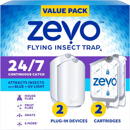 2 Flying Insect Traps with 2 Refill Cartridges – Indoor Plug-In Bug Catcher for Gnats, Fruit Flies, and House Flies – UV & Blue Light Fly Trap – Mess-Free Insect Killer for Any Room