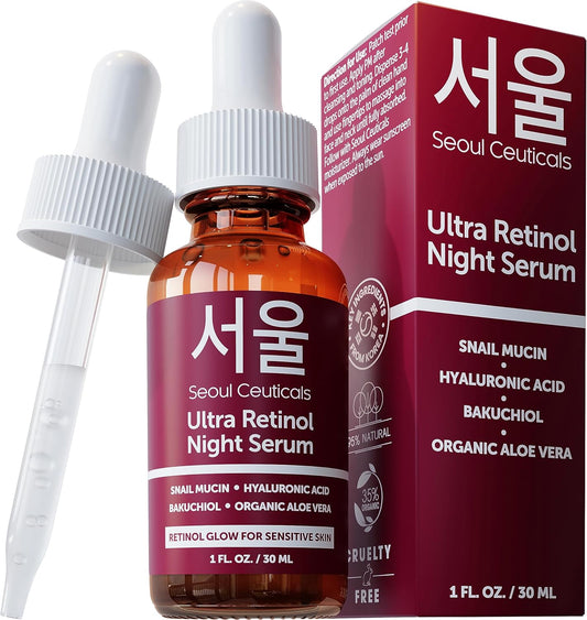 Korean Retinol Night Serum – Snail Mucin + Hyaluronic Acid + Bakuchiol, 1 Oz
