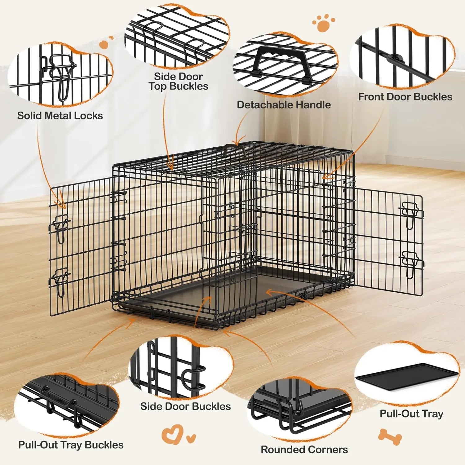 42-Inch Double Door Dog Crate with Divider – XL Collapsible Metal Kennel for Large Dogs, Removable Tray, Portable Travel Pet Cage, Wire Dog Crate for Puppy to Adult, Black
