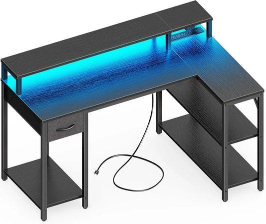 47" Reversible L Shaped Computer Desk with LED Lights & Power Outlets – Gaming Desk with Monitor Stand, Storage Shelves, Drawer – Corner Desk for Home Office Setup, Black