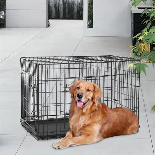 48 Inch Dog Crate for Large Dogs – Heavy-Duty Folding Metal Wire Kennel with Double Door, Divider Panel & Leak-Proof Tray, Indoor Outdoor Pet Cage, Black