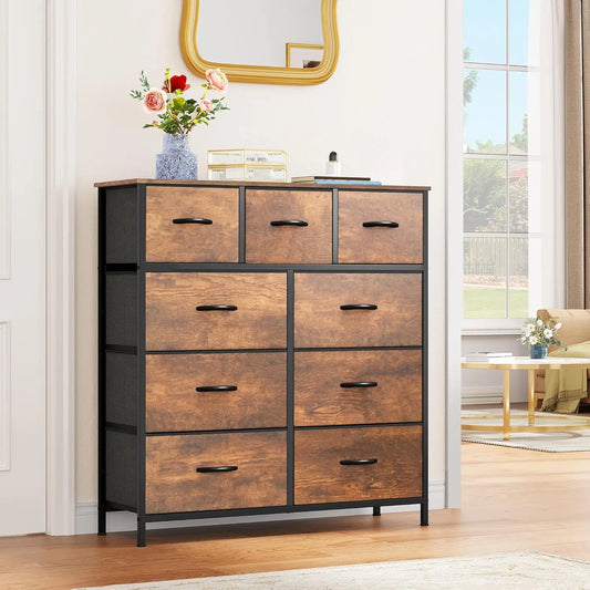 9-Drawer Dresser for Bedroom – Tall Fabric Storage Tower with Sturdy Steel Frame & Wooden Top, Chest Organizer Unit for Closet, Entryway & Living Room