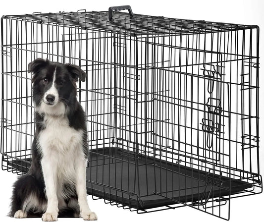 48 Inch Dog Crate for Large Dogs – Heavy-Duty Folding Metal Wire Kennel with Double Door, Divider Panel & Leak-Proof Tray, Indoor Outdoor Pet Cage, Black