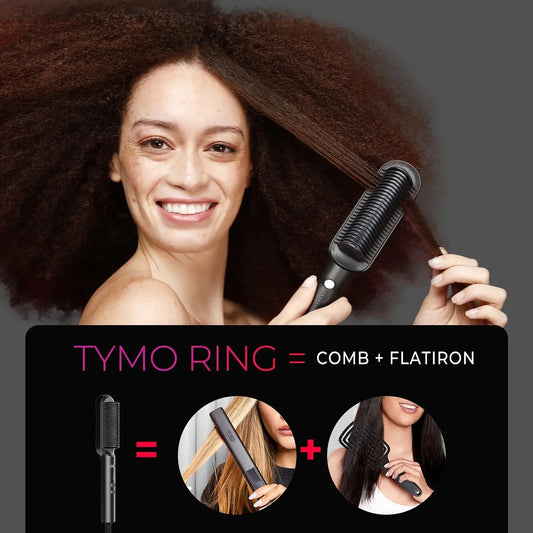 TYMO Ring Hair Straightener Brush – Flat Iron Comb, 5 Temp Settings, 20s Fast Heating, Dual Voltage, Black
