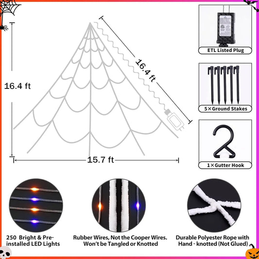 Halloween Spider Web Lights 250 LED Lighted Spider Web Giant 16.4Ft Halloween Decorations Light up with 8 Lighting Modes Waterproof & Timer for Outdoor Indoor Yard Haunted House Decor, Purple