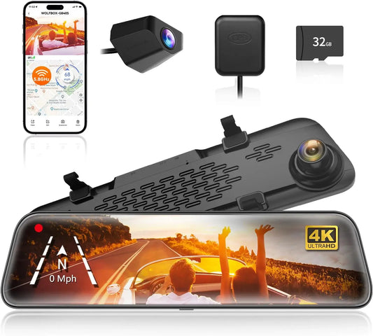 G840S 12" 4K Mirror Dash Cam – Dual Front and Rear Backup Camera with Night Vision, GPS, 5.8GHz WiFi, Parking Assist, Smart Rearview Mirror for Cars & Trucks, 32GB Card Included