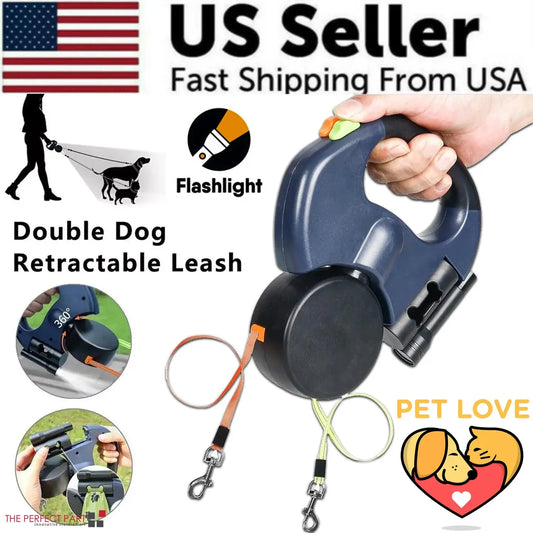 Dual Retractable Dog Leash – 360° Swivel Reflective Double Pet Walking Lead
